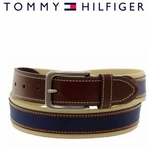 Tommy Hilfiger Canvas/Leather Ribbon Belt NWT Brown Genuine Leather Navy Size 38